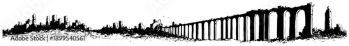 Panoramic cityscape silhouette featuring ancient arched aqueduct bridge structure