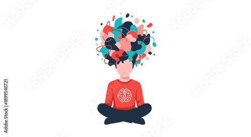 Person meditating with colorful thoughts and ideas bursting from their mind in a peaceful environment from a front viewpoint