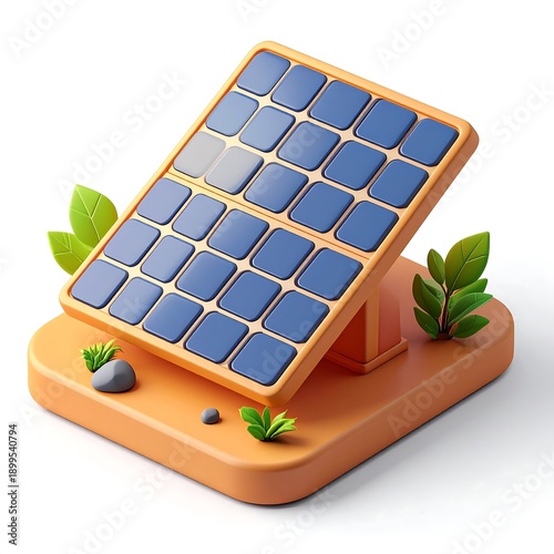 A 3D illustration of a solar panel on a stand with plants