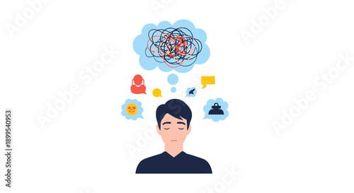 Man thinking with thoughts of people and ideas around him visualized in a thoughtful atmosphere