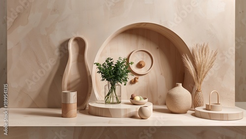 Decorative Display of Wooden Items and Plants in a Light Setting on a Flat Su...