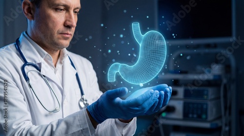 Doctor holding a digital representation of the human stomach in a medical setting with a professional and futuristic approach to healthcare and medical technology advancements