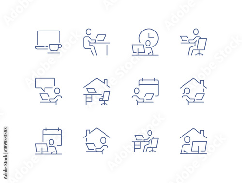 Home office and remote work icon set showing people working at desks, using laptops, managing time and collaborating online simple outlined symbols for productivity isolated flat vector illustration.