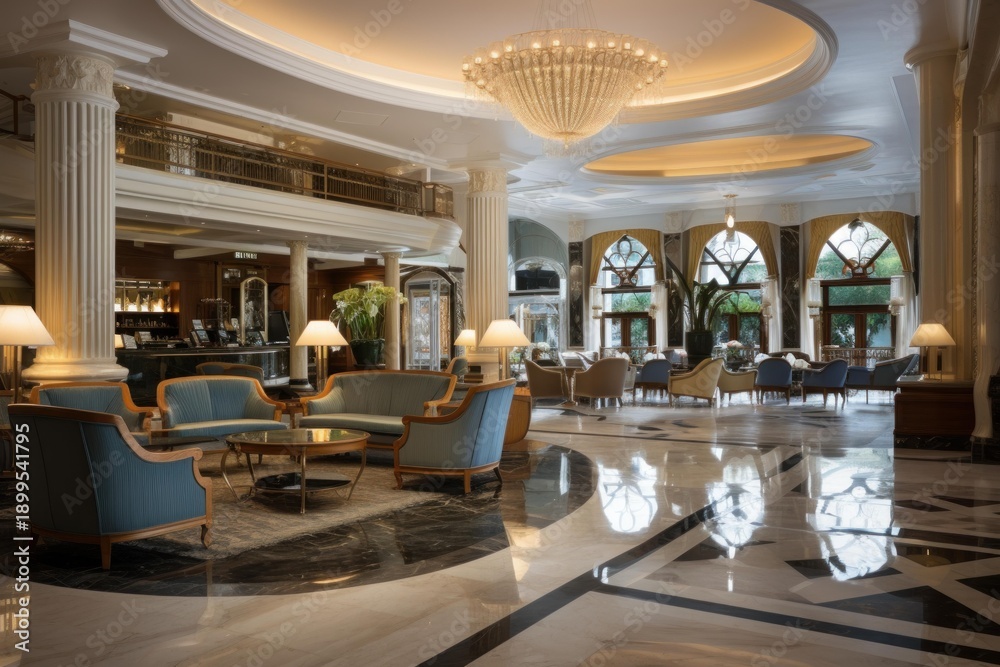 Naklejka premium Hotel lobby featuring marble floors, classical columns, elaborate seating, and crystal chandeliers