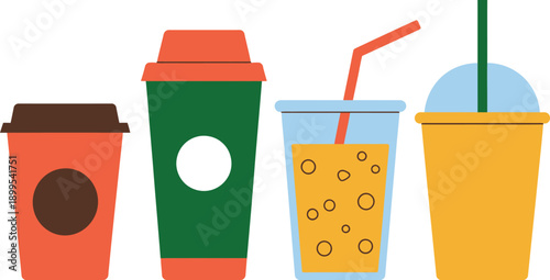 Illustration of three disposable cups with drinks and one empty cup