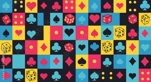 Colorful pattern of playing card suits and dice symbols casino gamble luck game entertainment fun abstract retro