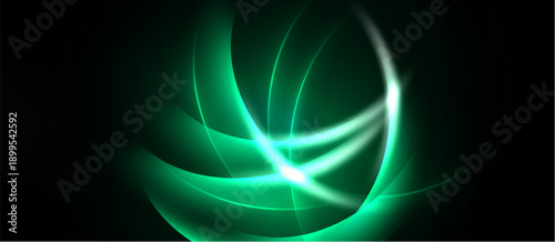 Abstract green energy swirls, luminous lines create dynamic flow. Dark background emphasizes bright central glow, modern design.