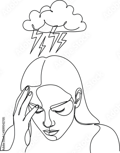 Vector illustration of person with hand on forehead and lightning cloud above head, symbolizing stress or emotional distress