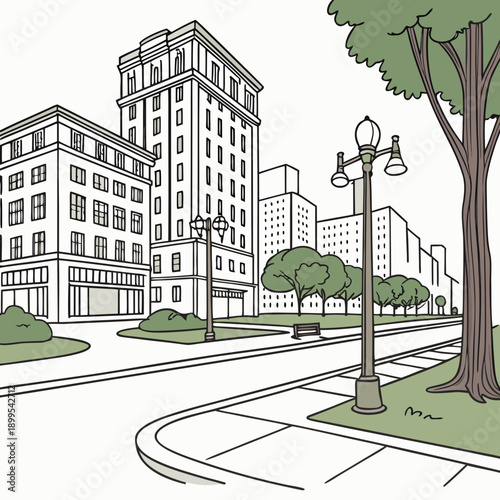 Urban street scene featuring buildings, lampposts, and a tree-lined sidewalk.