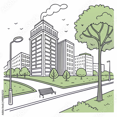 Urban residential area with a modern apartment complex and a tree-lined street.