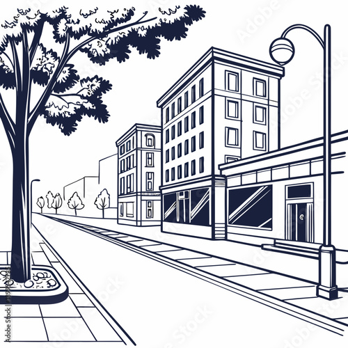 Monochrome urban street scene with vintage street lamp and buildings