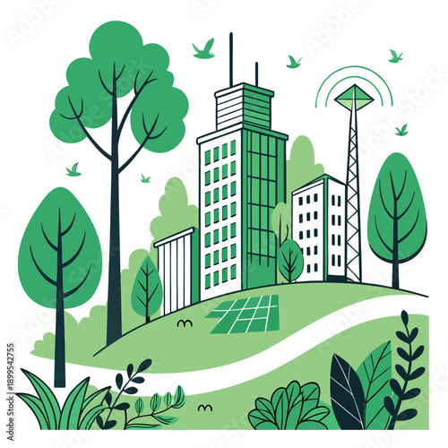 Modern cityscape with green urban planning and high-rise buildings.