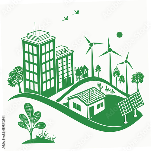 Sustainable urban community featuring renewable energy and eco-friendly transportation