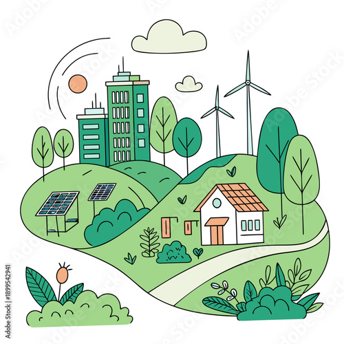 Sustainable living with eco-friendly energy sources and green community housing.