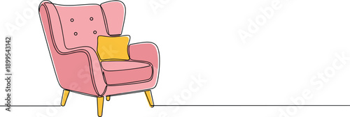 Vector illustration of pink armchair with yellow cushion, featuring high back, rounded arms, and wooden legs in modern style