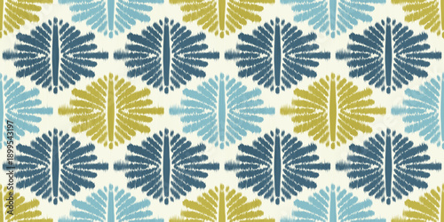 Ikat seamless ethnic pattern with abstract geometric design. Vector rug textured print. Tribal traditional motif for oriental and African background. Retro decorative watercolor woven illustration