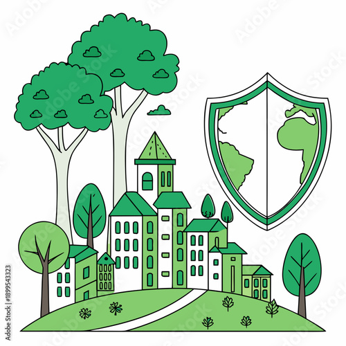A serene community protected by a digital shield amidst lush greenery and nature