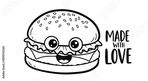 Smiling cartoon hamburger with eyes and text made with love on white background