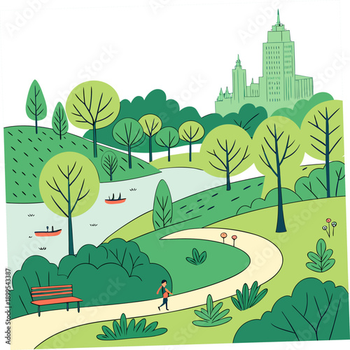 Serene park scene with winding path and colorful autumnal trees