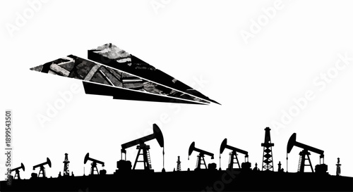 Paper airplane soars above silhouette of oil pumps against bright sky.