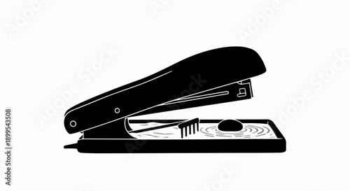 Simple black silhouette of a stapler on a white background, representing office supplies and organization.