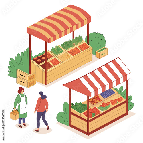 Two people shopping at vibrant outdoor market stalls with colorful awnings