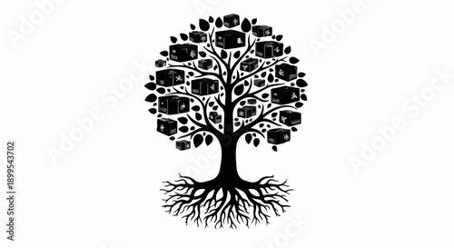 Abstract tree with electronic devices growing like fruit, symbolizing technology and growth.