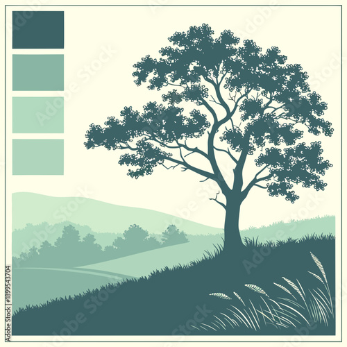 Serene landscape featuring two trees on a gently rolling hillside with a distant view