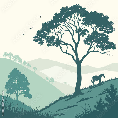 Serene landscape featuring a lone tree amid rolling hills and gentle valleys