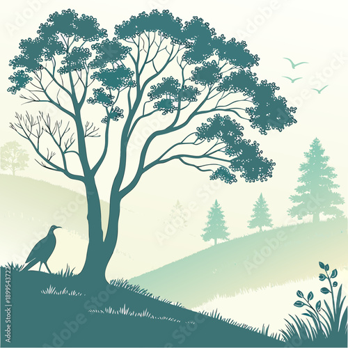 Serene landscape with a lone tree and a wandering deer in a misty field