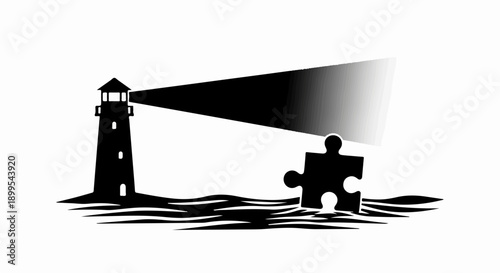 Lighthouse beam illuminates a puzzle piece in the ocean waves, symbolizing guidance and solutions.