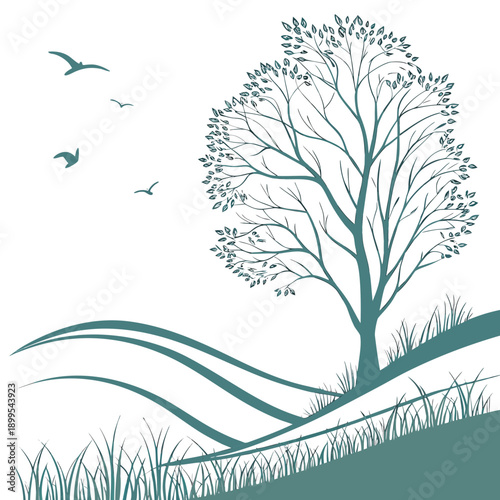 Serene landscape featuring a solitary tree and gentle waves