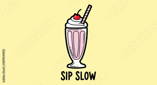 Pink milkshake with whipped cream and cherry on top in a tall glass