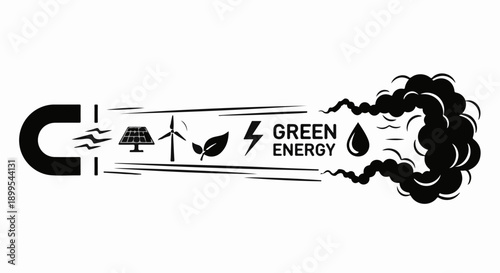 Magnet attracting clean green energy symbols, contrasting with polluting smoke