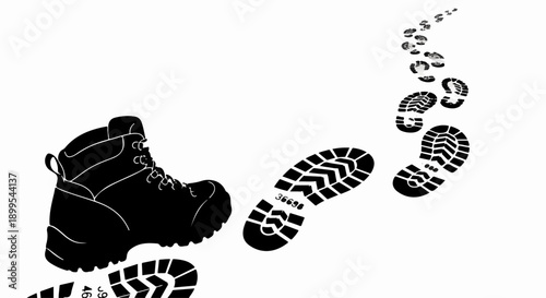 Black hiking boot leaving a trail of footprints against a white background, symbolizing adventure and journey