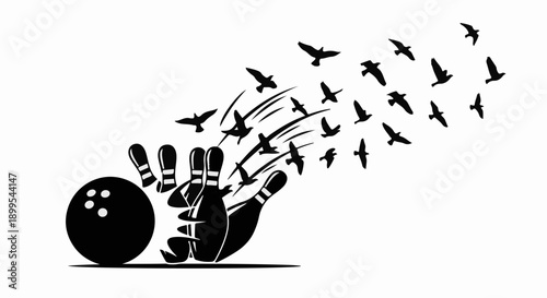 Bowling pins scatter as a flock of birds takes flight from a bowling ball.