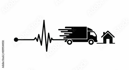 Heartbeat line transforms into moving truck delivering to a house, symbolizing home delivery service.