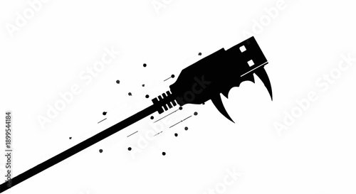 Fierce USB cable with fangs and sharp edges, symbolizing digital danger or aggressive technology.