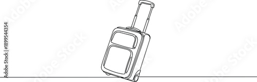 Vector illustration of wheeled suitcase with extended handle and compartments, drawn in black-and-white minimalist line art style