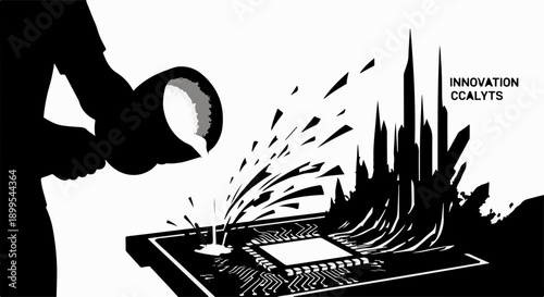 Pouring molten metal onto a circuit board symbolizing technological innovation and creation.