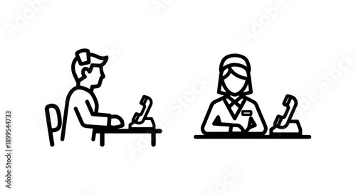 Customer service icons: man and woman at reception desks with phones