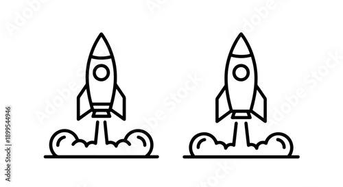 Outline icons of two rockets launching with smoke clouds, clean design