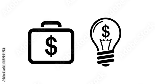Business icons: briefcase with dollar sign and lightbulb with dollar sign