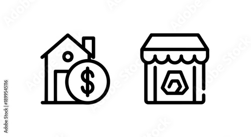 Real estate and retail icons: house with dollar, store with logo