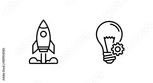 Rocket launch icon with smoke and a lightbulb with a gear, concept art