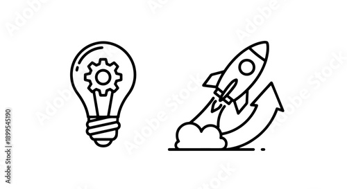 Icons of a lightbulb with gear and a rocket taking off with arrow chart