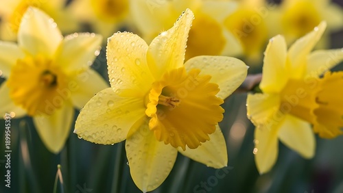 Yellow Daffodils in Full Bloom Closeup.