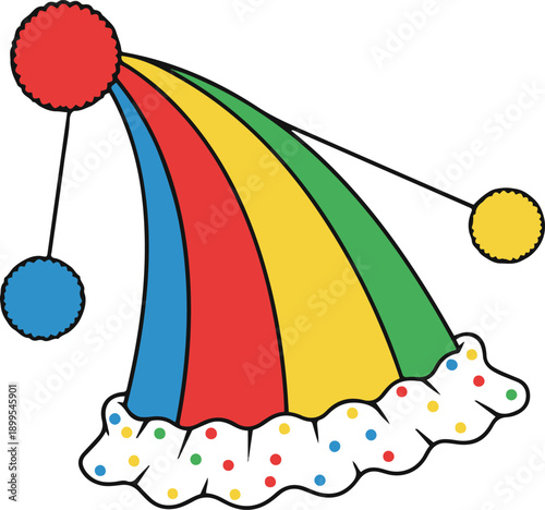 Vector illustration of a colorful, striped clown or jester hat featuring pom-poms on wires and a white ruffled brim with polka dots in a cartoon style.