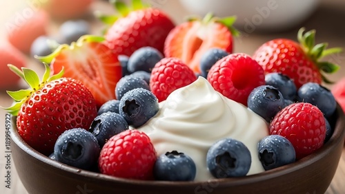 Fresh Mixed Berries with Yogurt in Bowl.