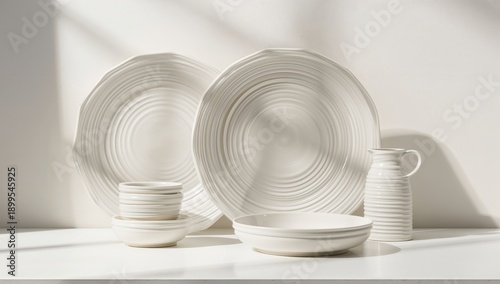 White Ceramic Dishes and Pitcher Arranged on a Clean Shelf With Soft Shadows ...